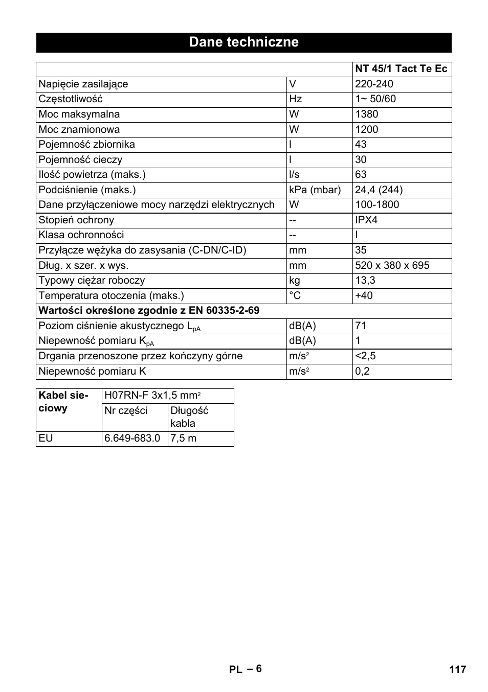 Dane techniczne | Karcher NT 45-1 Tact Te Ec User Manual | Page 117 / 180