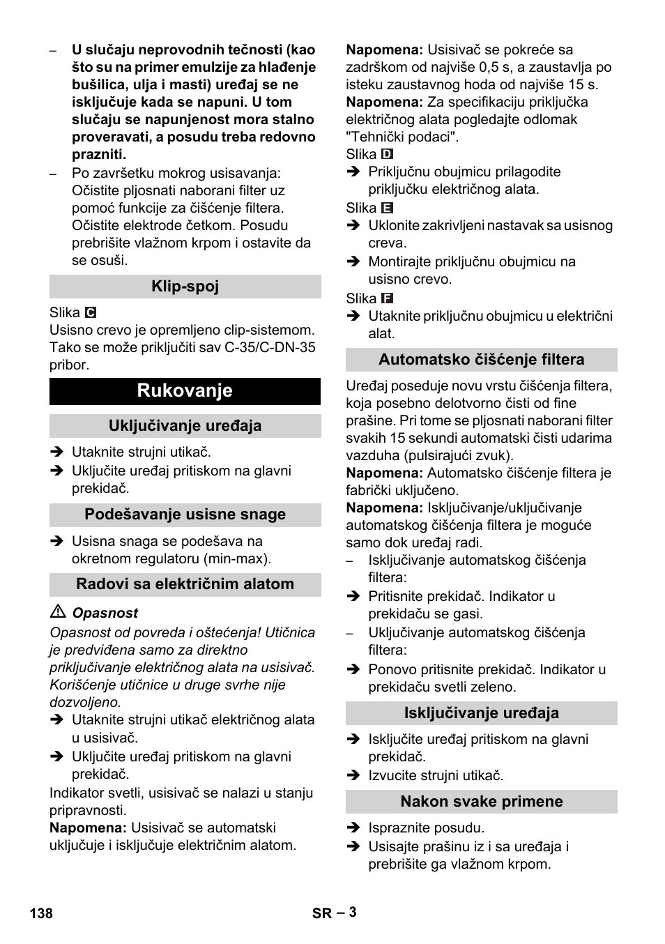 Klip-spoj, Rukovanje, Uključivanje uređaja | Podešavanje usisne snage, Radovi sa električnim alatom, Automatsko čišćenje filtera, Isključivanje uređaja, Nakon svake primene | Karcher NT 45-1 Tact Te Ec User Manual | Page 138 / 180