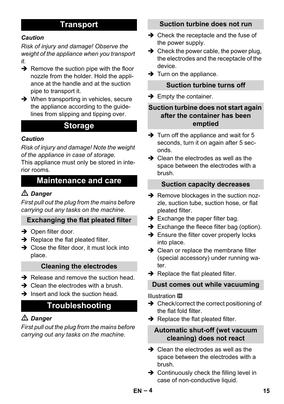 Transport, Storage, Maintenance and care | Exchanging the flat pleated filter, Cleaning the electrodes, Troubleshooting, Suction turbine does not run, Suction turbine turns off, Suction capacity decreases, Dust comes out while vacuuming | Karcher NT 45-1 Tact Te Ec User Manual | Page 15 / 180