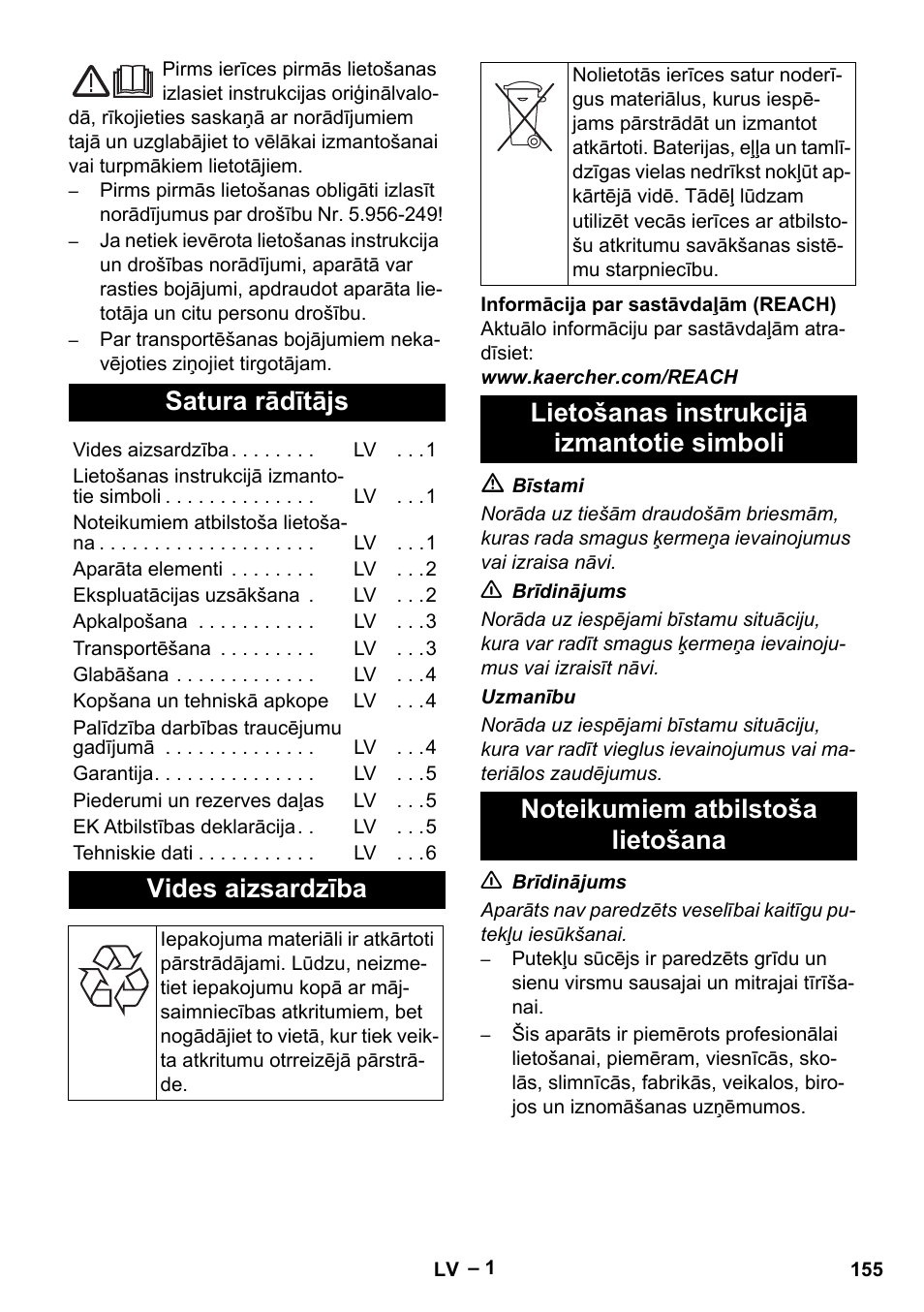 Latviešu, Satura rādītājs, Vides aizsardzība | Lietošanas instrukcijā izmantotie simboli, Noteikumiem atbilstoša lietošana | Karcher NT 45-1 Tact Te Ec User Manual | Page 155 / 180