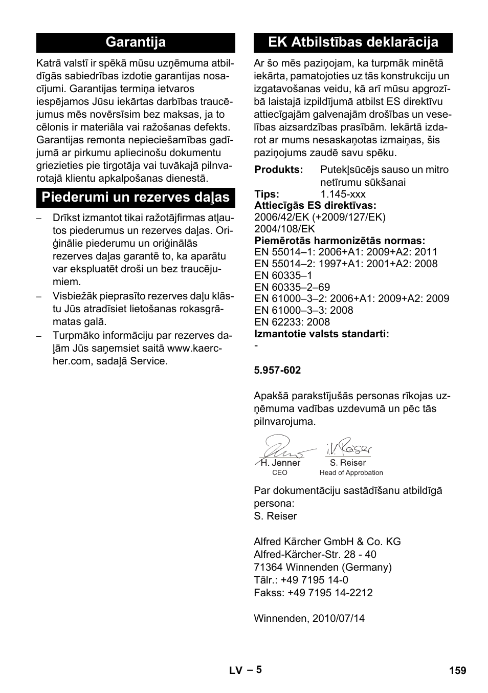 Garantija, Piederumi un rezerves daļas, Ek atbilstības deklarācija | Karcher NT 45-1 Tact Te Ec User Manual | Page 159 / 180