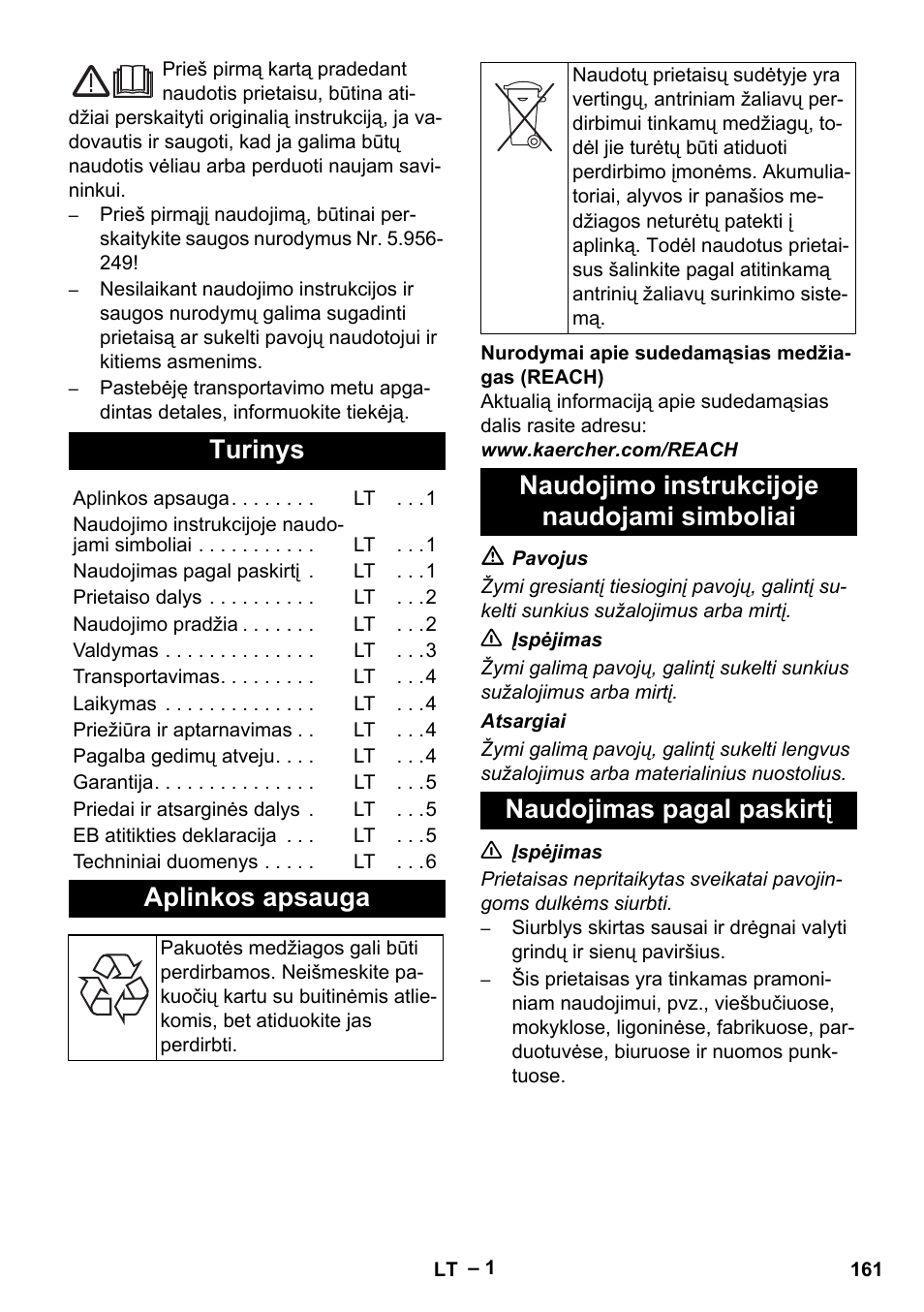 Lietuviškai, Turinys, Aplinkos apsauga | Naudojimo instrukcijoje naudojami simboliai, Naudojimas pagal paskirtį | Karcher NT 45-1 Tact Te Ec User Manual | Page 161 / 180