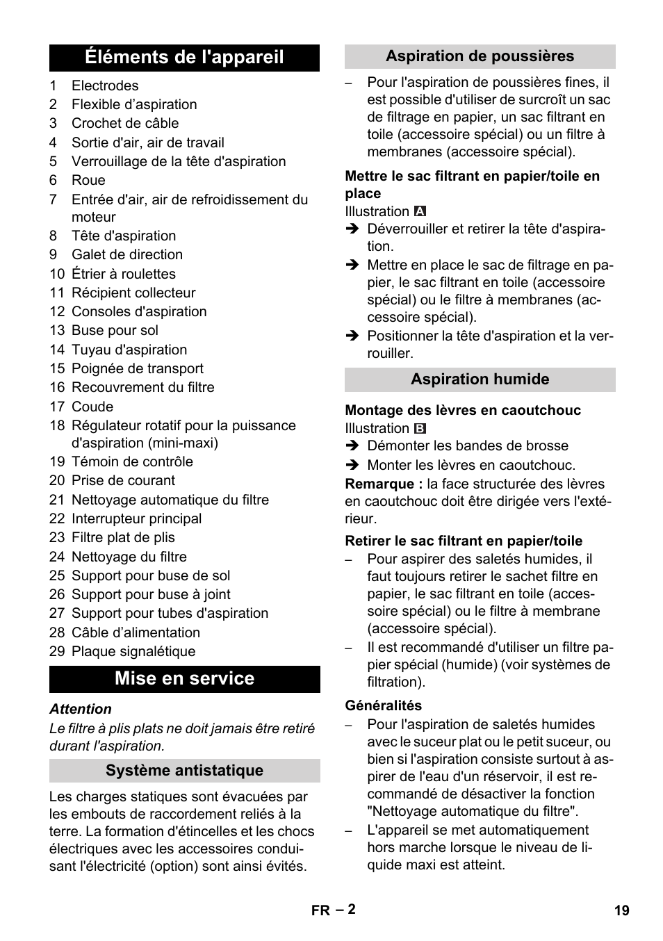 Éléments de l'appareil, Mise en service, Système antistatique | Aspiration de poussières, Mettre le sac filtrant en papier/toile en place, Aspiration humide, Montage des lèvres en caoutchouc, Retirer le sac filtrant en papier/toile, Généralités, Éléments de l'appareil mise en service | Karcher NT 45-1 Tact Te Ec User Manual | Page 19 / 180