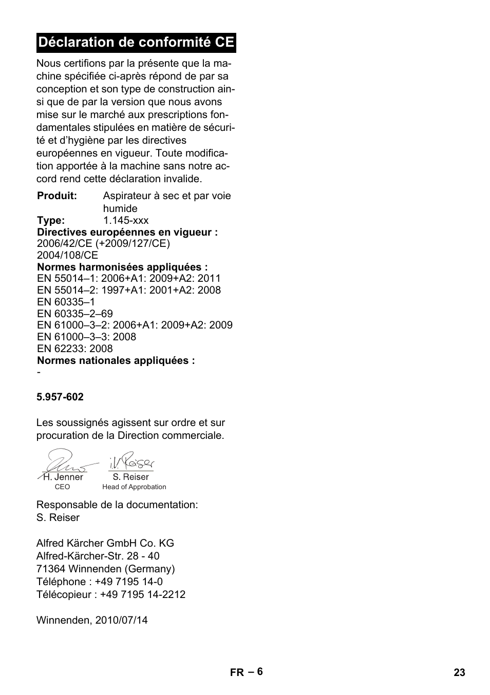 Déclaration de conformité ce | Karcher NT 45-1 Tact Te Ec User Manual | Page 23 / 180