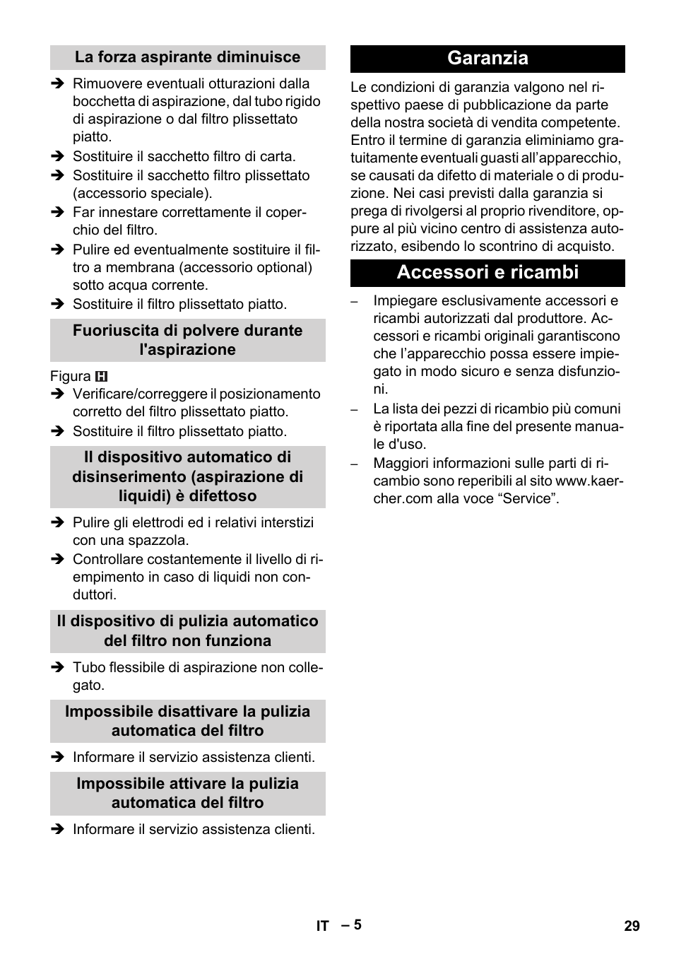 La forza aspirante diminuisce, Fuoriuscita di polvere durante l'aspirazione, Garanzia | Accessori e ricambi, Garanzia accessori e ricambi | Karcher NT 45-1 Tact Te Ec User Manual | Page 29 / 180