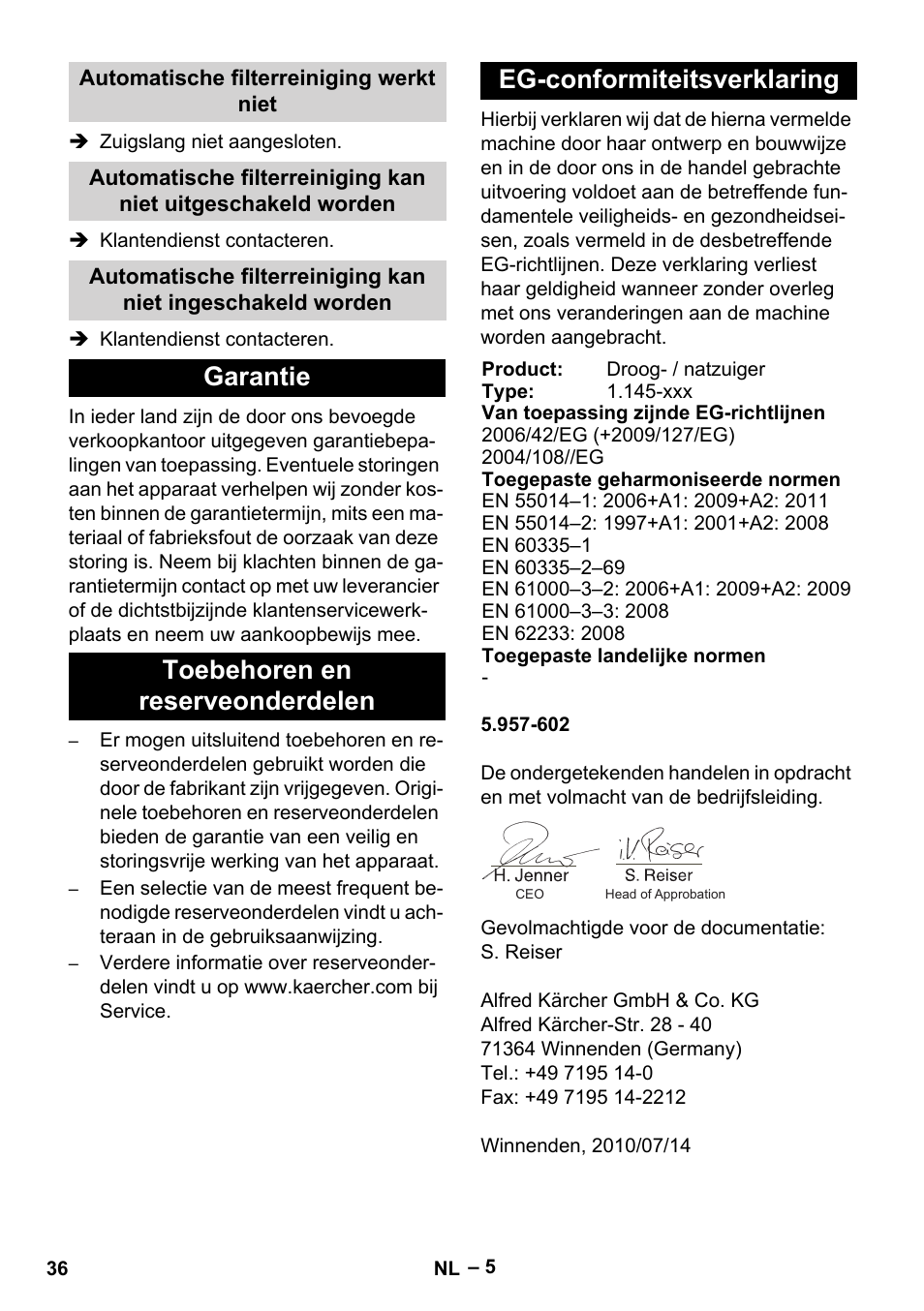 Automatische filterreiniging werkt niet, Garantie, Toebehoren en reserveonderdelen | Eg-conformiteitsverklaring | Karcher NT 45-1 Tact Te Ec User Manual | Page 36 / 180