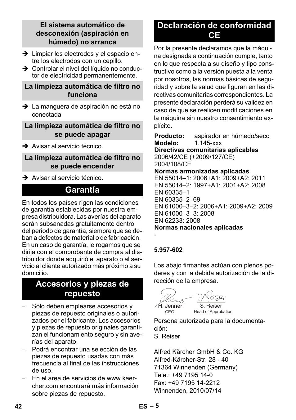 La limpieza automática de filtro no funciona, Garantía, Accesorios y piezas de repuesto | Declaración de conformidad ce | Karcher NT 45-1 Tact Te Ec User Manual | Page 42 / 180