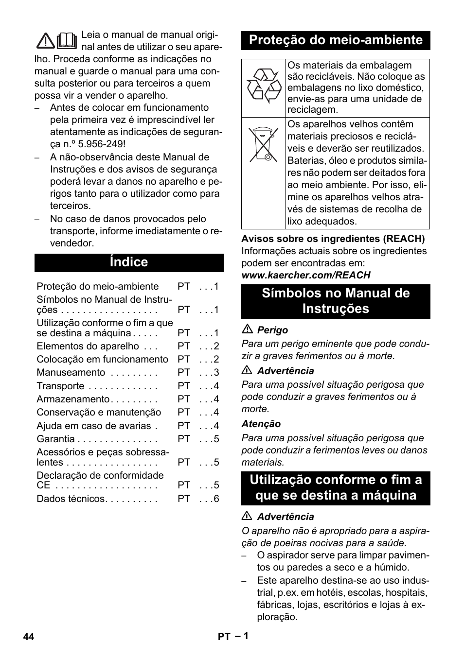 Português, Índice, Proteção do meio-ambiente | Símbolos no manual de instruções | Karcher NT 45-1 Tact Te Ec User Manual | Page 44 / 180