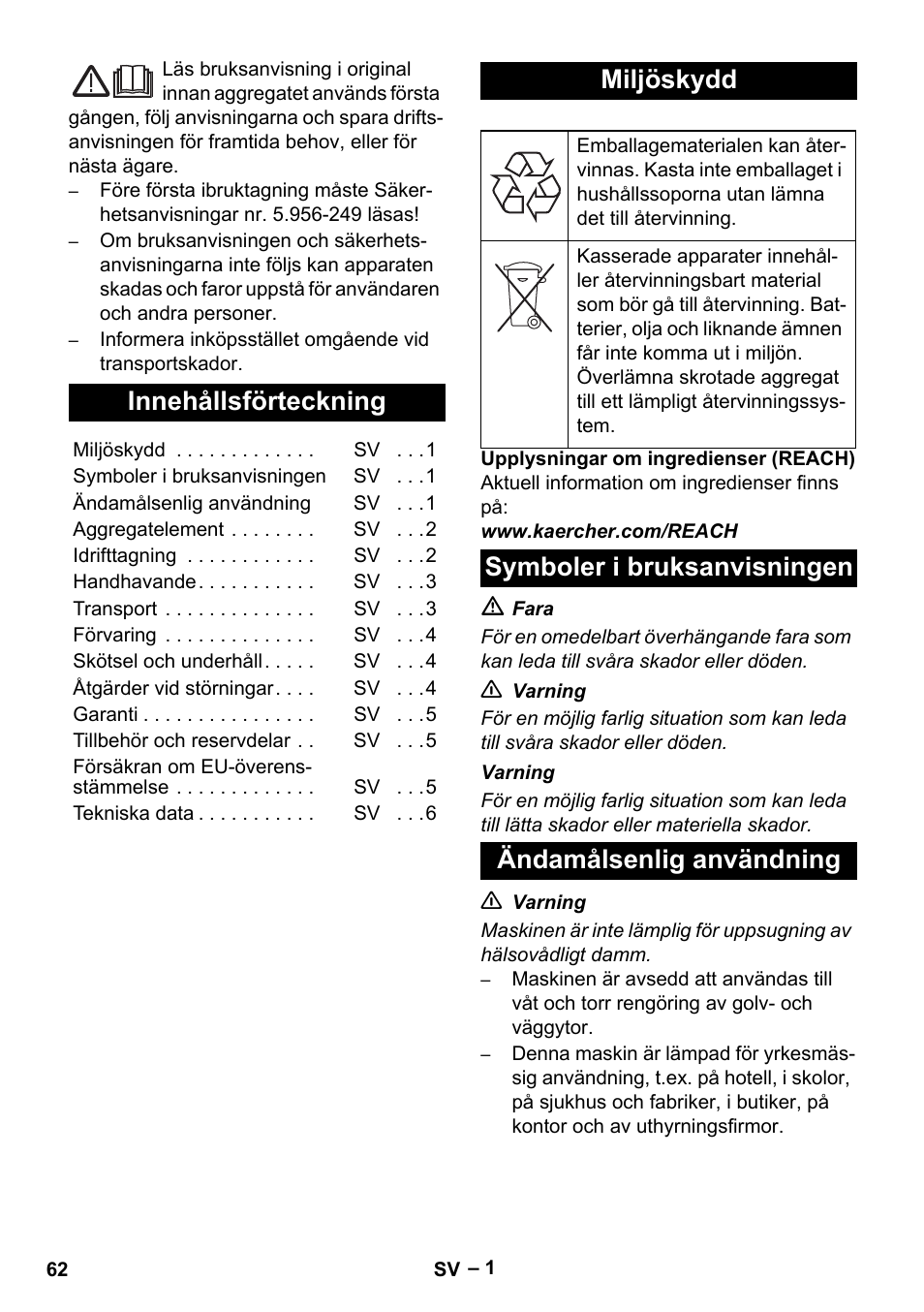 Svenska, Innehållsförteckning, Miljöskydd | Symboler i bruksanvisningen, Ändamålsenlig användning | Karcher NT 45-1 Tact Te Ec User Manual | Page 62 / 180