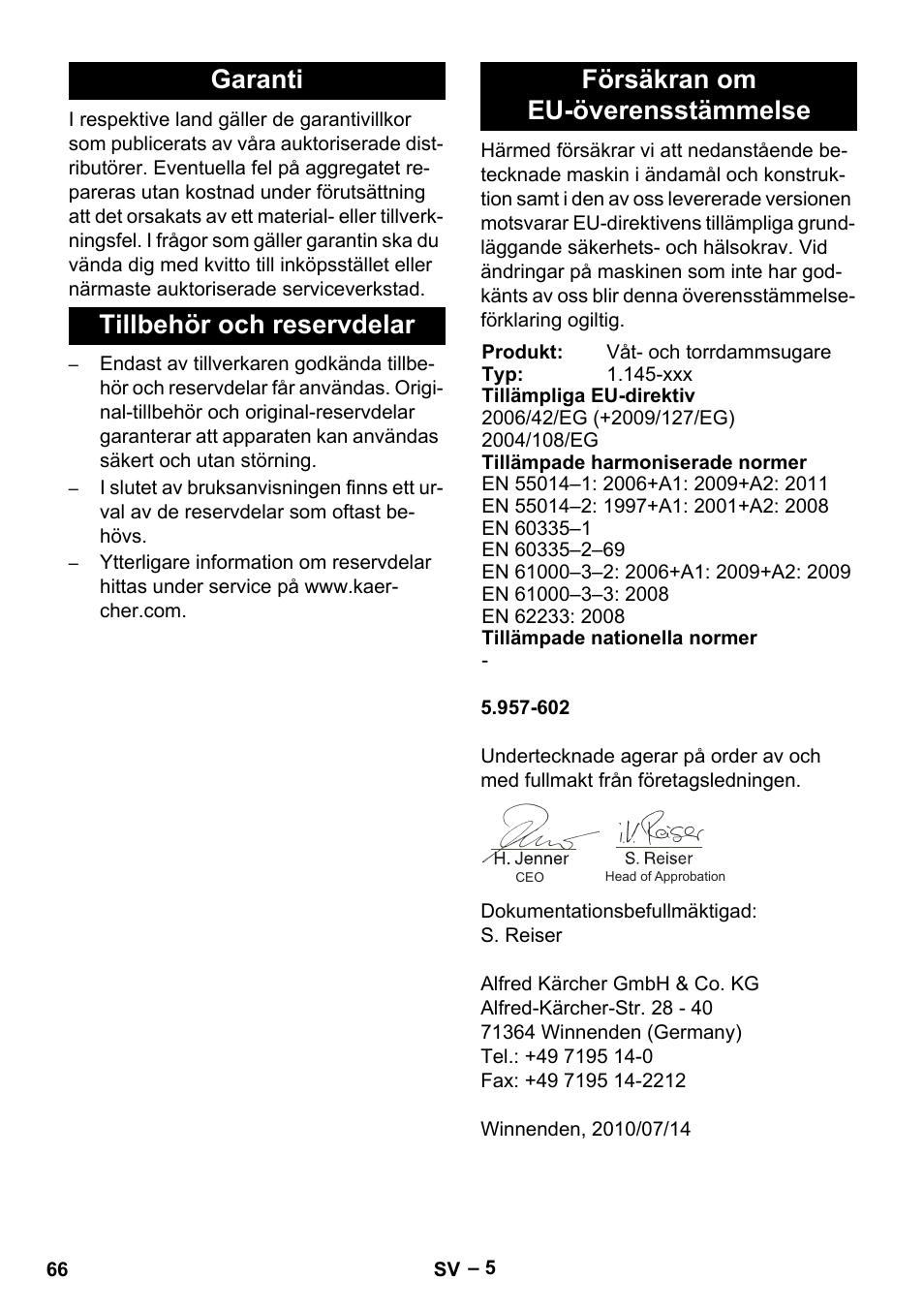 Garanti, Tillbehör och reservdelar, Försäkran om eu-överensstämmelse | Karcher NT 45-1 Tact Te Ec User Manual | Page 66 / 180