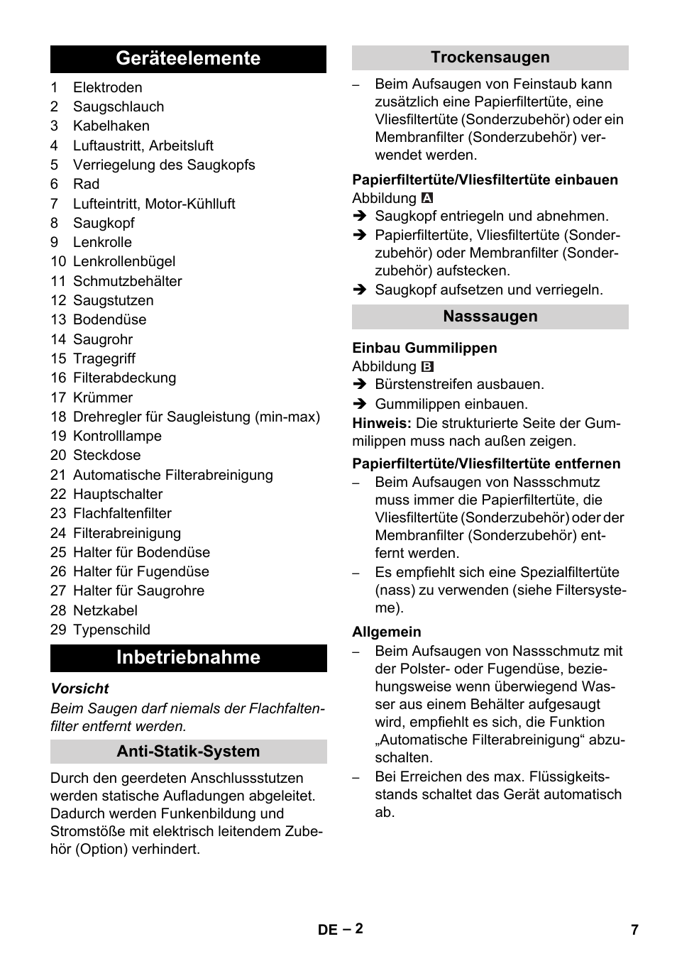 Geräteelemente, Inbetriebnahme, Anti-statik-system | Trockensaugen, Papierfiltertüte/vliesfiltertüte einbauen, Nasssaugen, Einbau gummilippen, Papierfiltertüte/vliesfiltertüte entfernen, Allgemein, Geräteelemente inbetriebnahme | Karcher NT 45-1 Tact Te Ec User Manual | Page 7 / 180