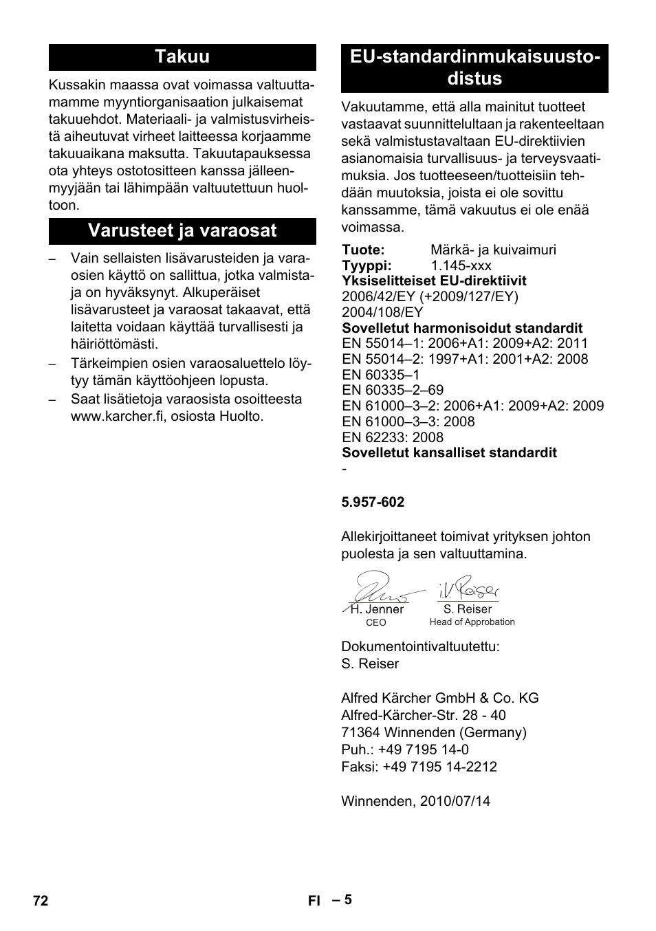 Takuu, Varusteet ja varaosat, Eu-standardinmukaisuustodistus | Karcher NT 45-1 Tact Te Ec User Manual | Page 72 / 180