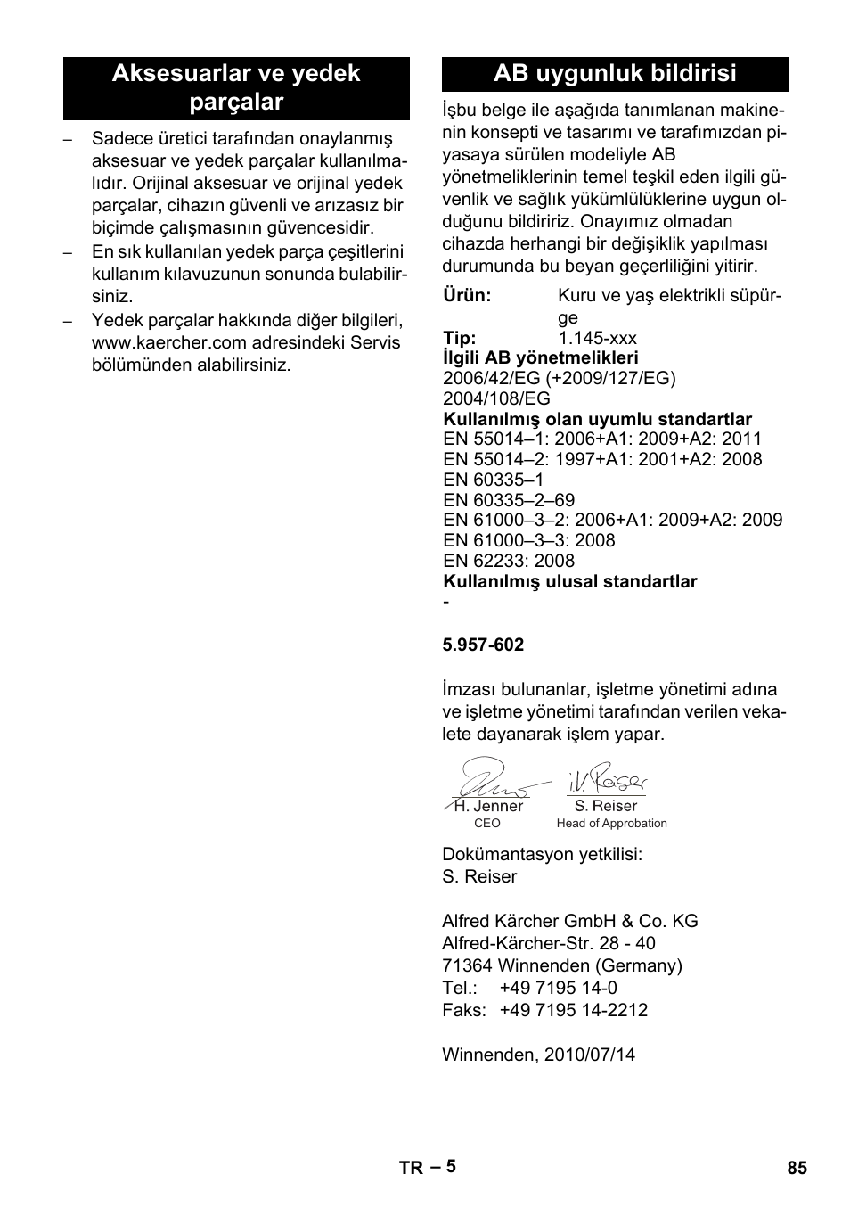 Aksesuarlar ve yedek parçalar, Ab uygunluk bildirisi | Karcher NT 45-1 Tact Te Ec User Manual | Page 85 / 180