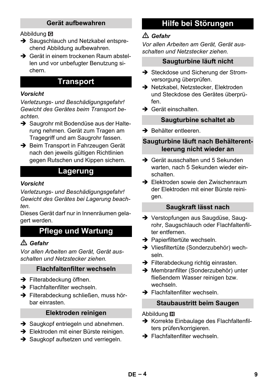 Gerät aufbewahren, Transport, Lagerung | Pflege und wartung, Flachfaltenfilter wechseln, Elektroden reinigen, Hilfe bei störungen, Saugturbine läuft nicht, Saugturbine schaltet ab, Saugkraft lässt nach | Karcher NT 45-1 Tact Te Ec User Manual | Page 9 / 180