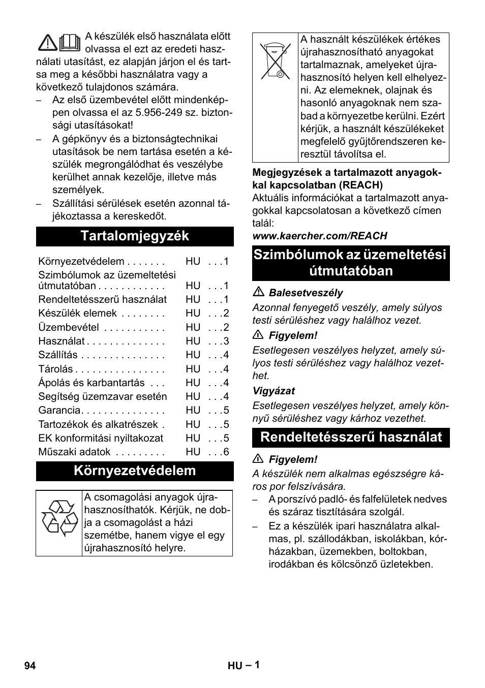 Magyar, Tartalomjegyzék, Környezetvédelem | Szimbólumok az üzemeltetési útmutatóban, Rendeltetésszerű használat | Karcher NT 45-1 Tact Te Ec User Manual | Page 94 / 180