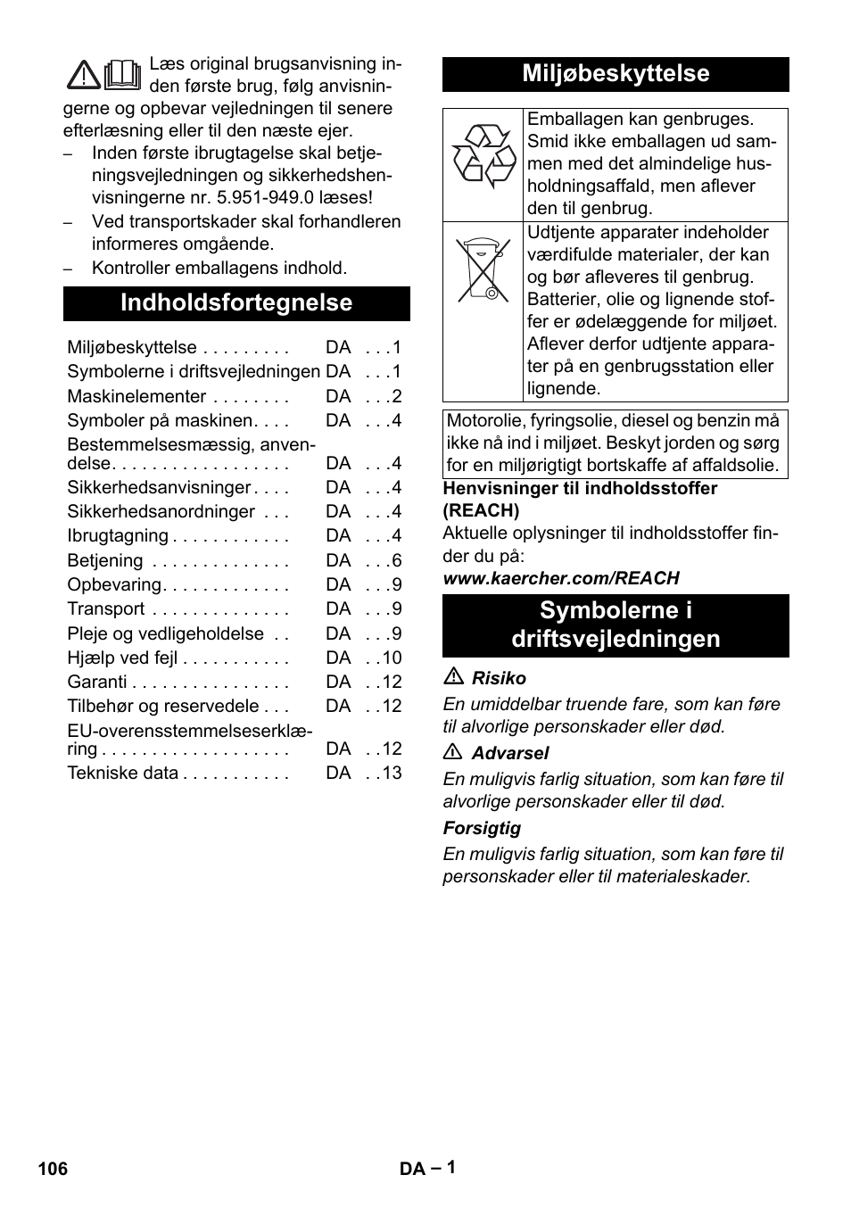 Dansk, Indholdsfortegnelse, Miljøbeskyttelse | Symbolerne i driftsvejledningen | Karcher HDS 2000 SUPER User Manual | Page 106 / 400