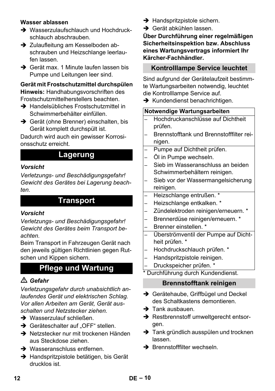 Wasser ablassen, Gerät mit frostschutzmittel durchspülen, Lagerung | Transport, Pflege und wartung, Kontrolllampe service leuchtet, Brennstofftank reinigen, Lagerung transport pflege und wartung | Karcher HDS 2000 SUPER User Manual | Page 12 / 400