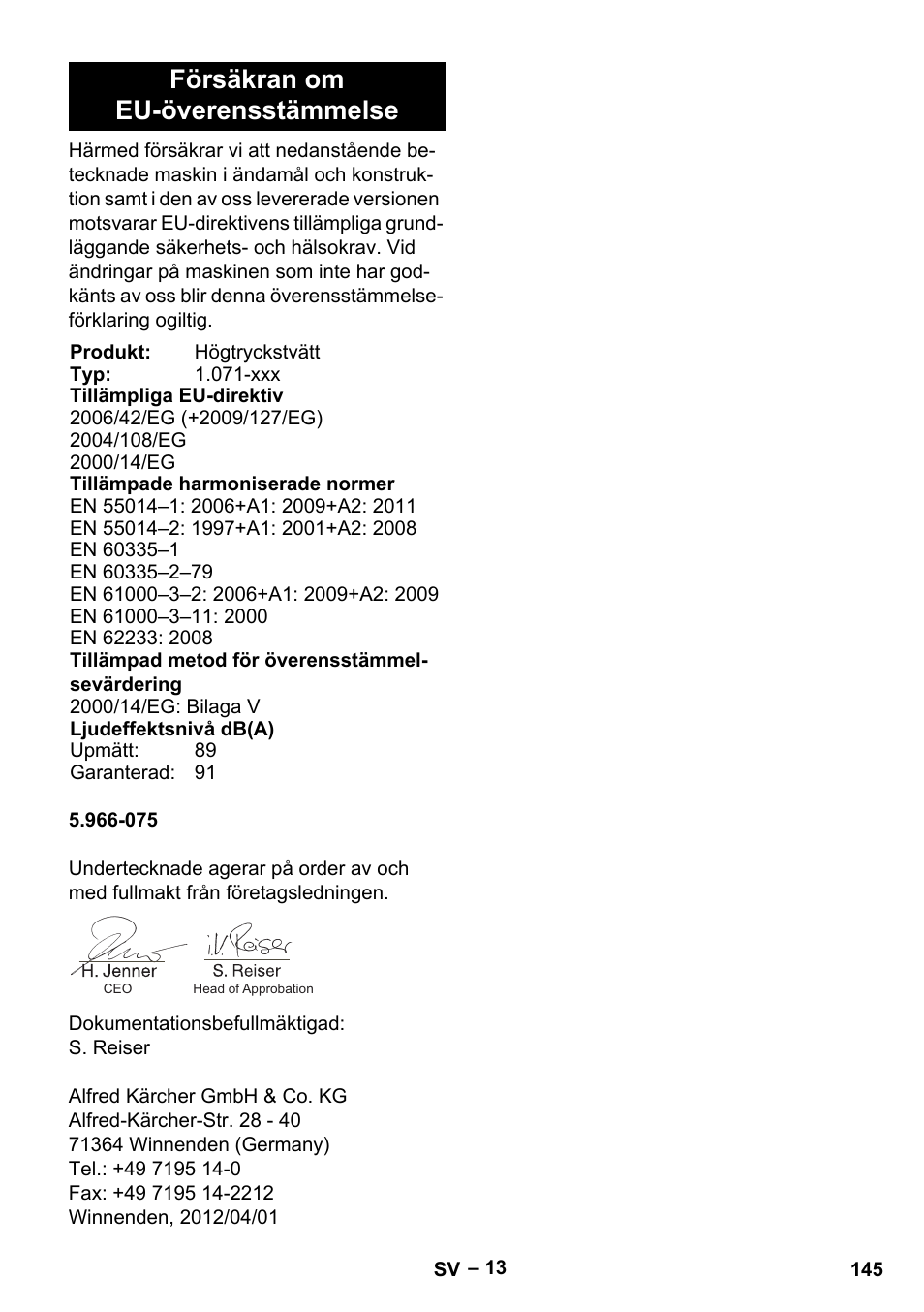 Försäkran om eu-överensstämmelse | Karcher HDS 2000 SUPER User Manual | Page 145 / 400