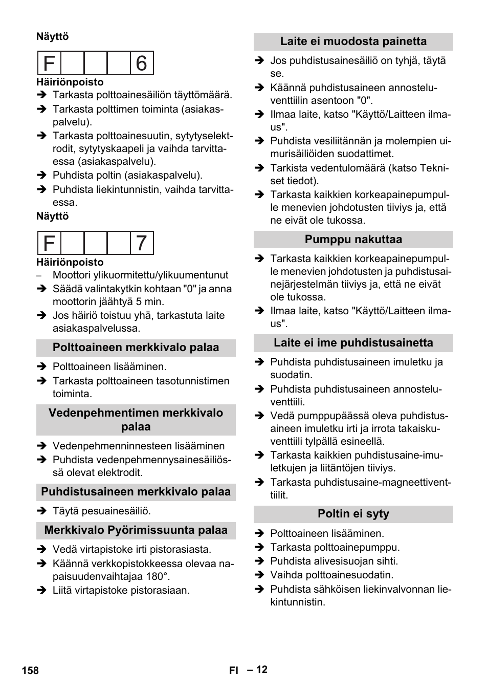 Polttoaineen merkkivalo palaa, Vedenpehmentimen merkkivalo palaa, Puhdistusaineen merkkivalo palaa | Merkkivalo pyörimissuunta palaa, Laite ei muodosta painetta, Pumppu nakuttaa, Laite ei ime puhdistusainetta, Poltin ei syty | Karcher HDS 2000 SUPER User Manual | Page 158 / 400