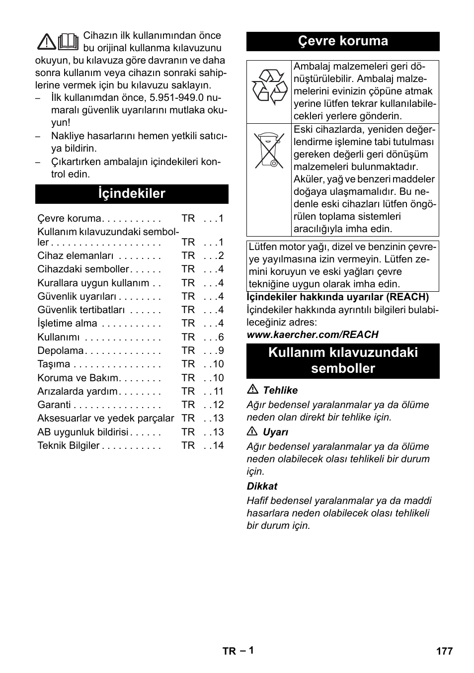 Türkçe, Içindekiler, Çevre koruma | Kullanım kılavuzundaki semboller | Karcher HDS 2000 SUPER User Manual | Page 177 / 400