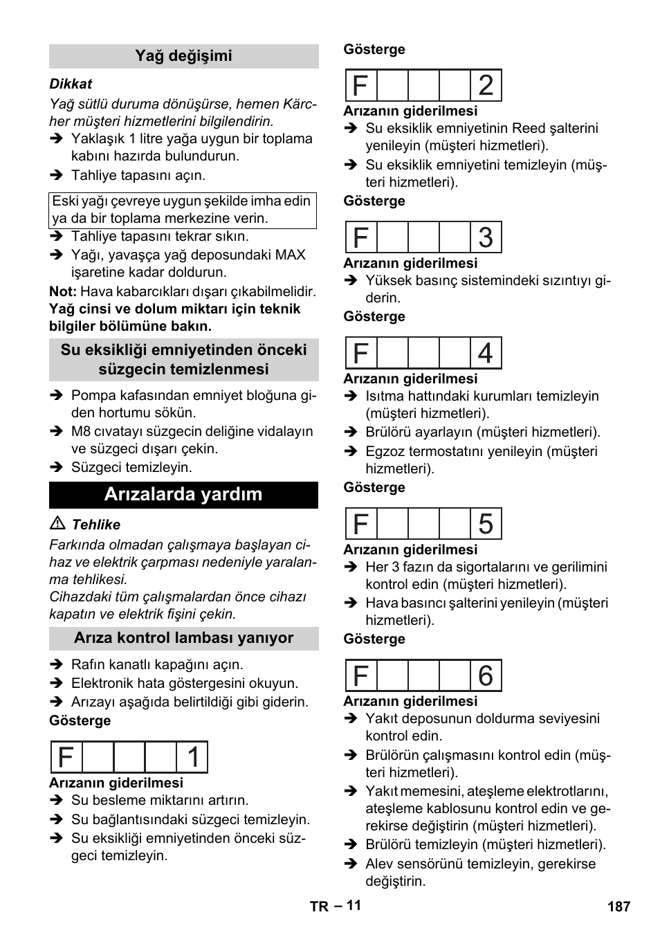 Yağ değişimi, Arızalarda yardım, Arıza kontrol lambası yanıyor | Karcher HDS 2000 SUPER User Manual | Page 187 / 400