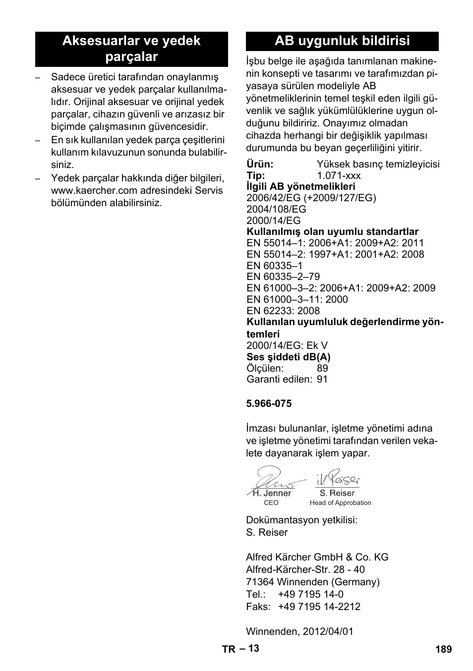 Aksesuarlar ve yedek parçalar, Ab uygunluk bildirisi | Karcher HDS 2000 SUPER User Manual | Page 189 / 400