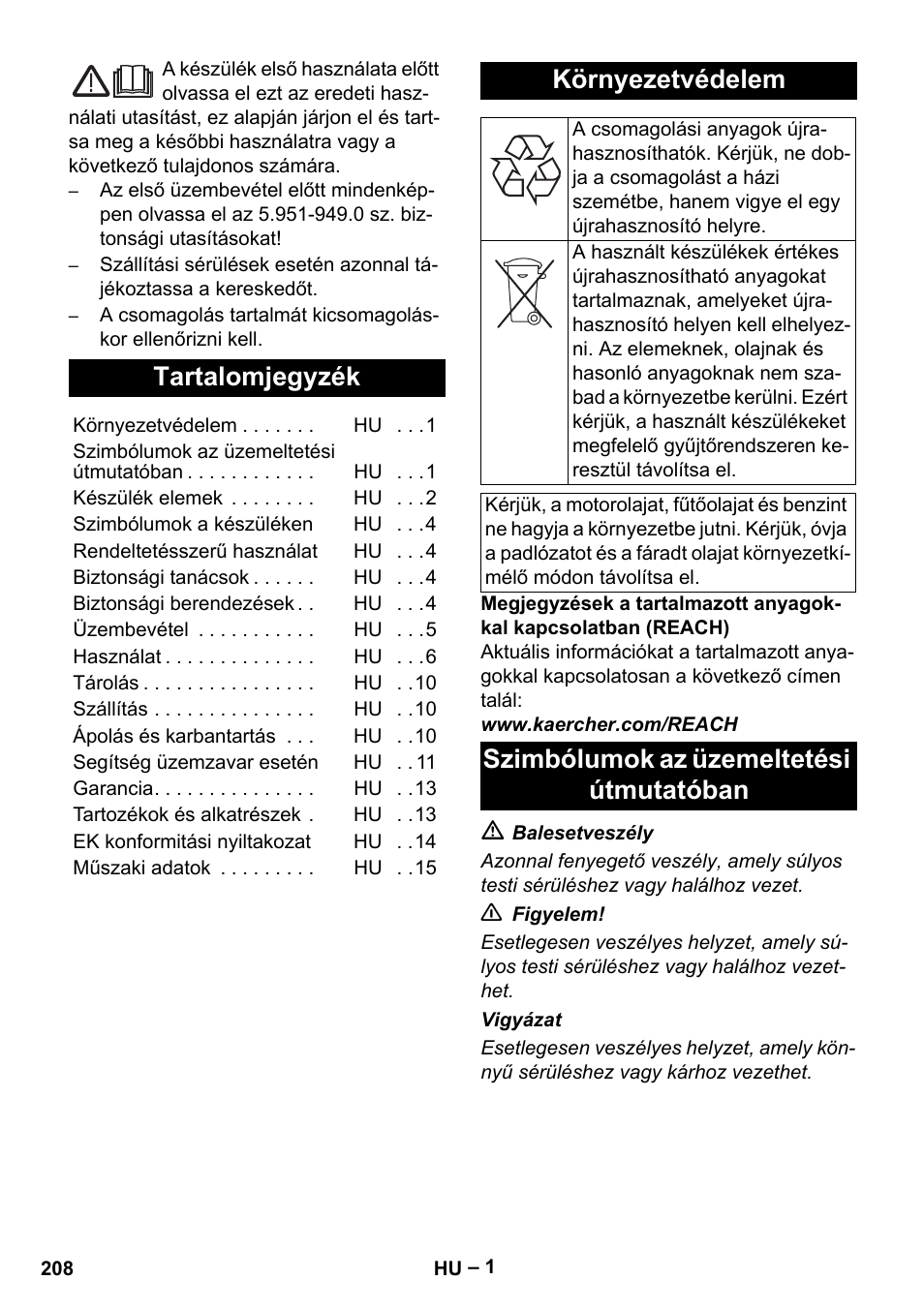 Magyar, Tartalomjegyzék, Környezetvédelem | Szimbólumok az üzemeltetési útmutatóban | Karcher HDS 2000 SUPER User Manual | Page 208 / 400