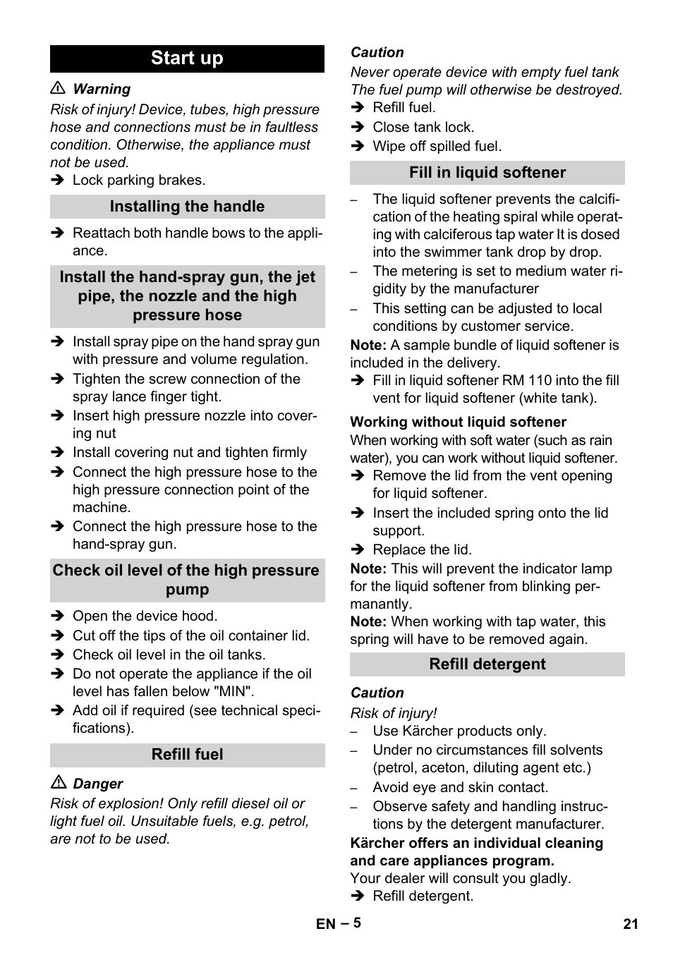 Start up, Installing the handle, Check oil level of the high pressure pump | Refill fuel, Fill in liquid softener, Working without liquid softener, Refill detergent | Karcher HDS 2000 SUPER User Manual | Page 21 / 400