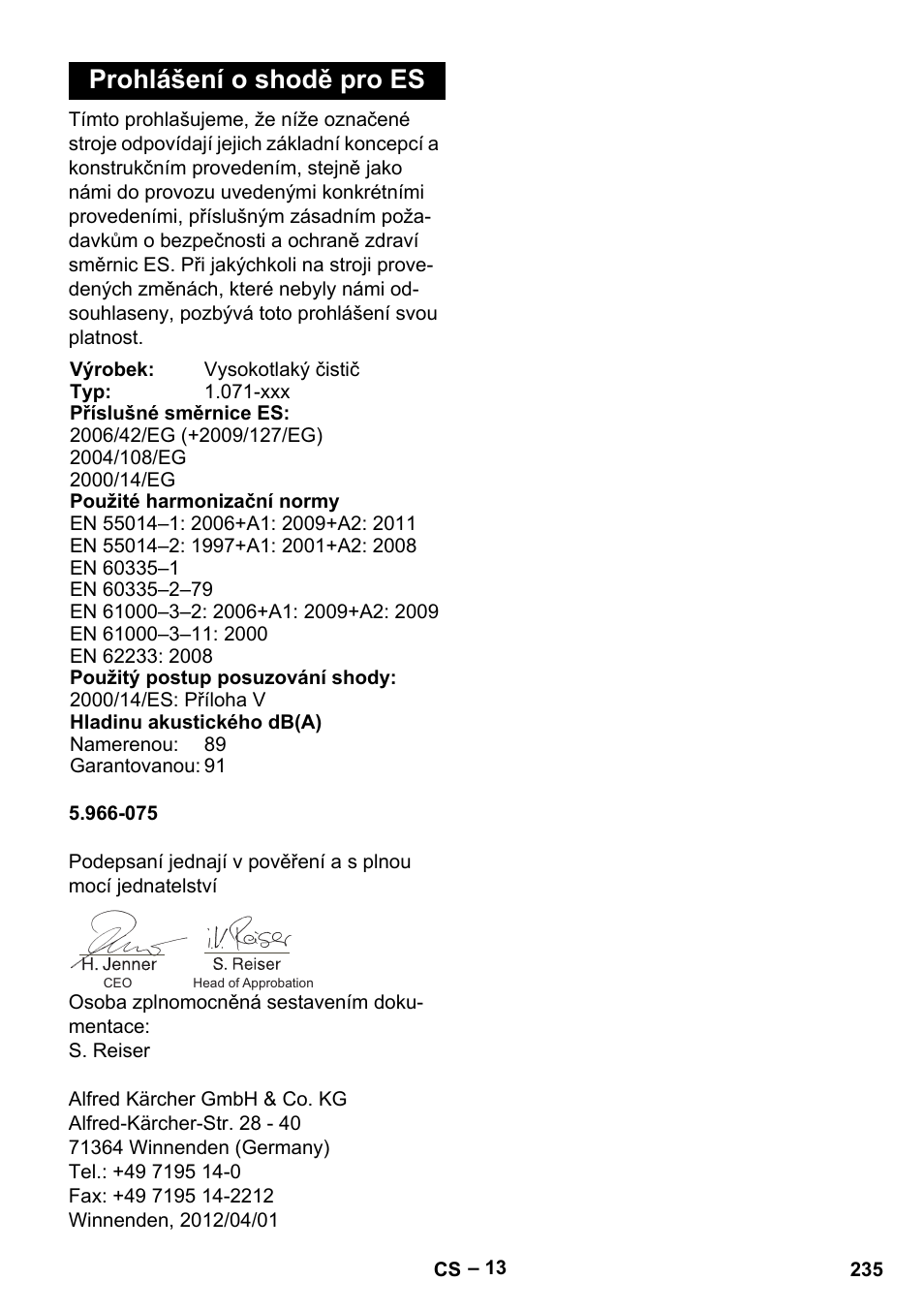 Prohlášení o shodě pro es | Karcher HDS 2000 SUPER User Manual | Page 235 / 400