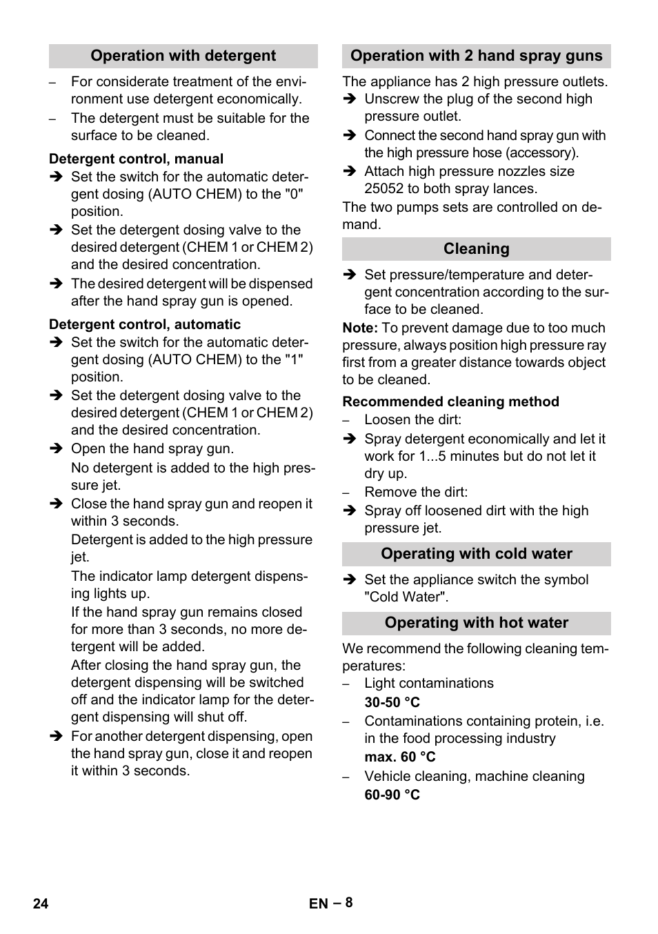 Operation with detergent, Detergent control, manual, Detergent control, automatic | Operation with 2 hand spray guns, Cleaning, Recommended cleaning method, Operating with cold water, Operating with hot water | Karcher HDS 2000 SUPER User Manual | Page 24 / 400