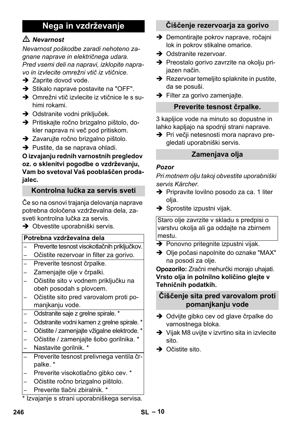 Nega in vzdrževanje, Kontrolna lučka za servis sveti, Čiščenje rezervoarja za gorivo | Preverite tesnost črpalke, Zamenjava olja | Karcher HDS 2000 SUPER User Manual | Page 246 / 400