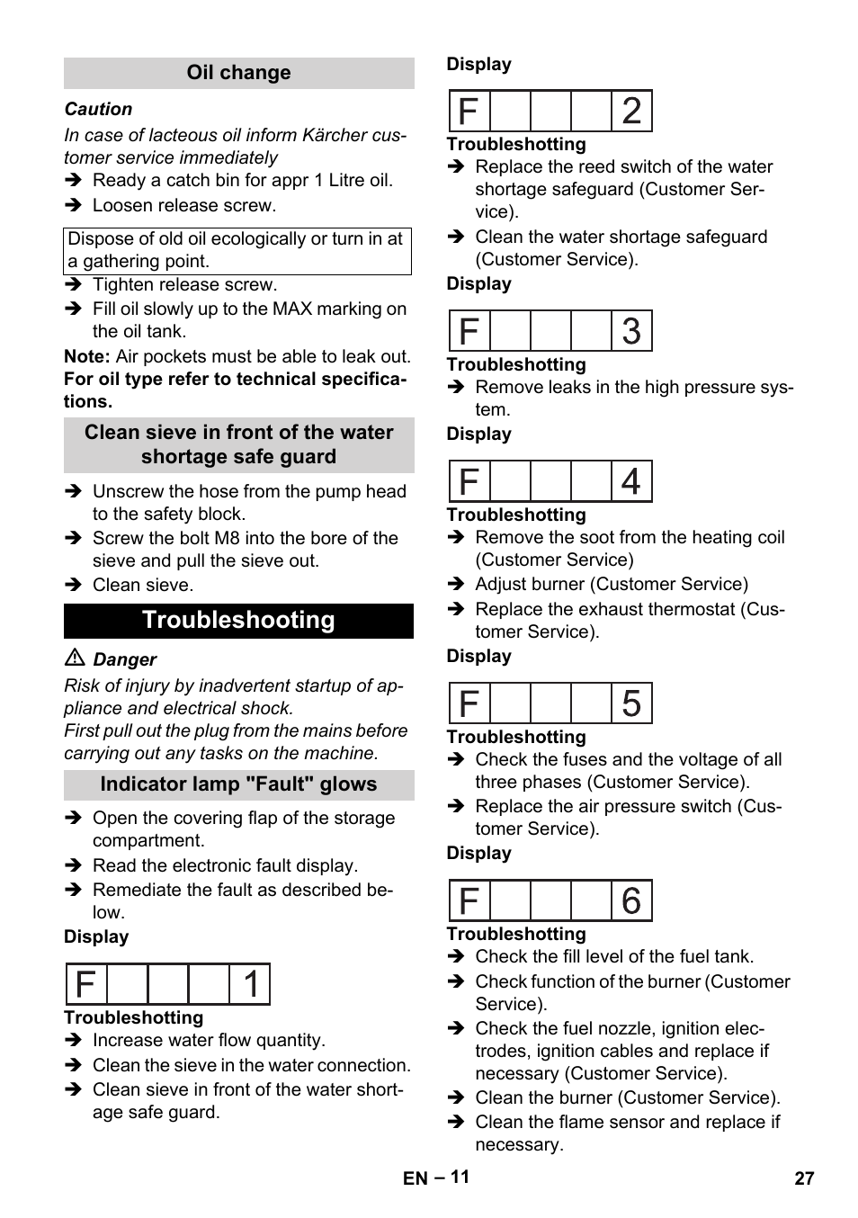 Oil change, Troubleshooting, Indicator lamp "fault" glows | Karcher HDS 2000 SUPER User Manual | Page 27 / 400