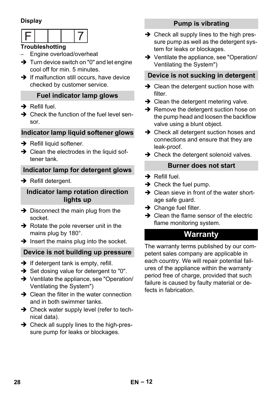 Fuel indicator lamp glows, Indicator lamp liquid softener glows, Indicator lamp for detergent glows | Indicator lamp rotation direction lights up, Device is not building up pressure, Pump is vibrating, Device is not sucking in detergent, Burner does not start, Warranty | Karcher HDS 2000 SUPER User Manual | Page 28 / 400