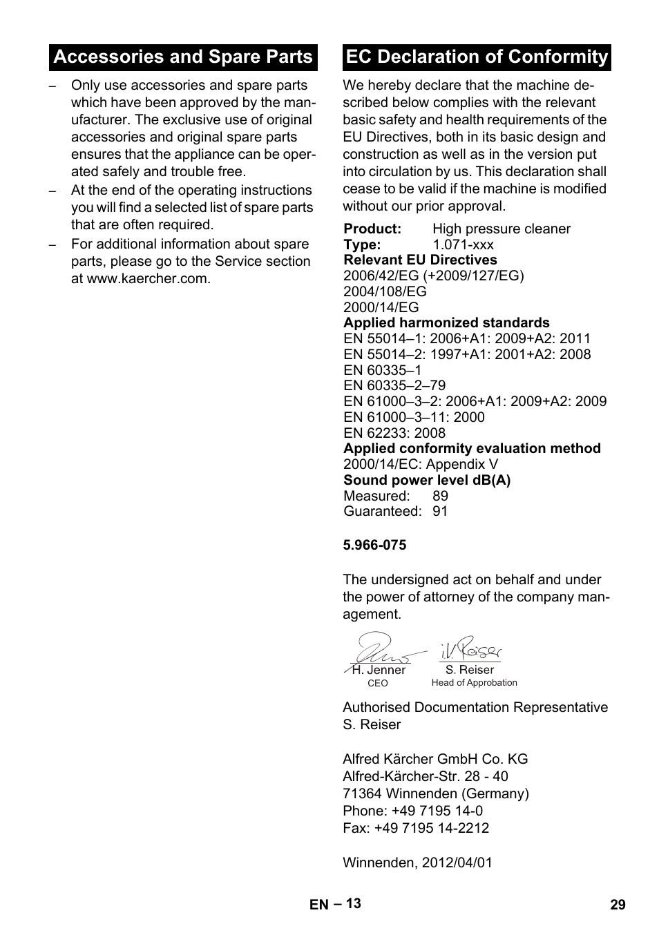 Accessories and spare parts, Ec declaration of conformity | Karcher HDS 2000 SUPER User Manual | Page 29 / 400