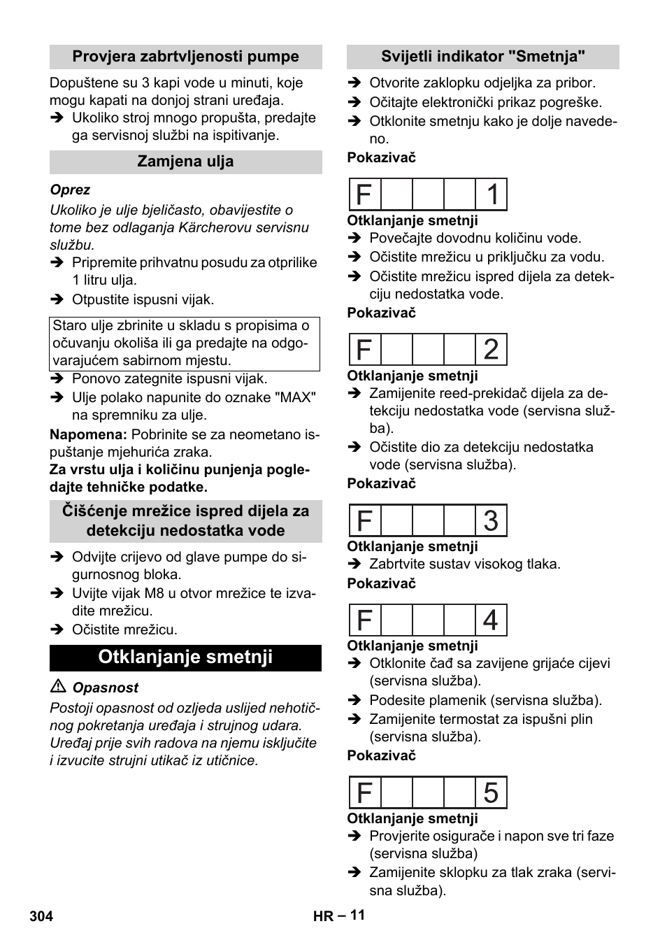 Provjera zabrtvljenosti pumpe, Zamjena ulja, Otklanjanje smetnji | Svijetli indikator "smetnja | Karcher HDS 2000 SUPER User Manual | Page 304 / 400