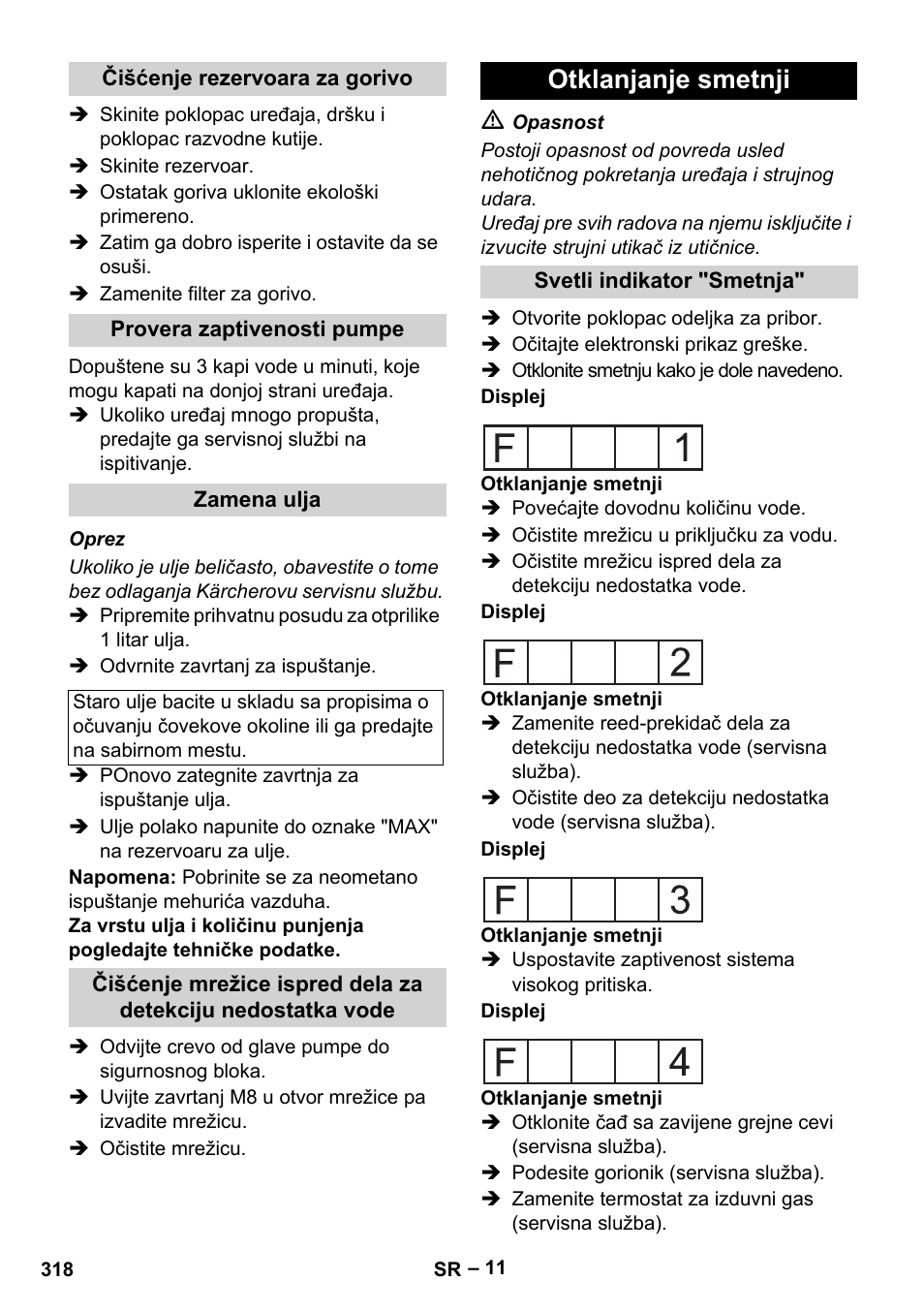 Čišćenje rezervoara za gorivo, Provera zaptivenosti pumpe, Zamena ulja | Otklanjanje smetnji, Svetli indikator "smetnja | Karcher HDS 2000 SUPER User Manual | Page 318 / 400
