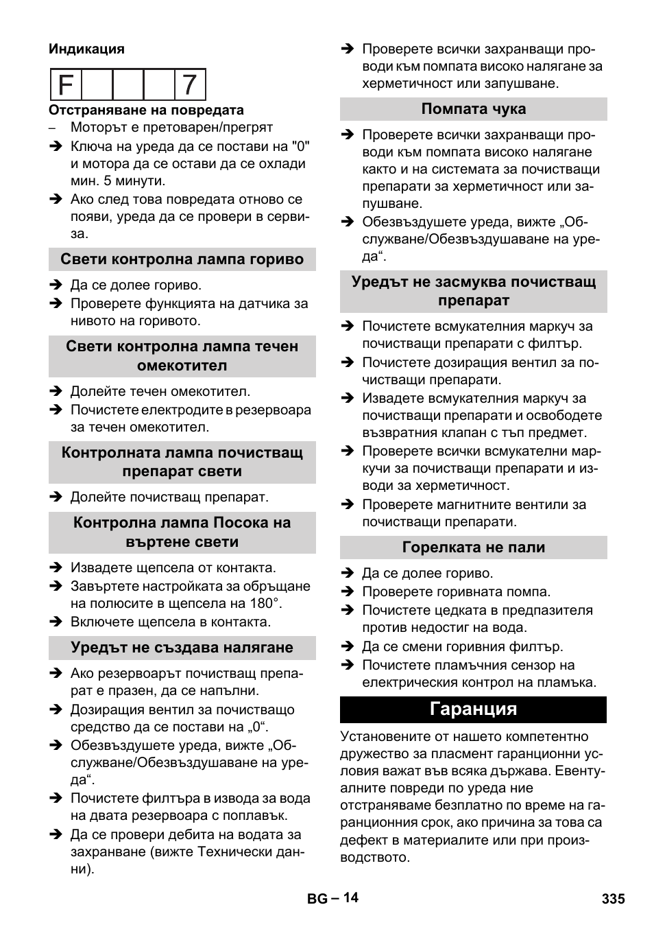 Свети контролна лампа гориво, Свети контролна лампа течен омекотител, Контролната лампа почистващ препарат свети | Контролна лампа посока на въртене свети, Уредът не създава налягане, Помпата чука, Уредът не засмуква почистващ препарат, Горелката не пали, Гаранция | Karcher HDS 2000 SUPER User Manual | Page 335 / 400