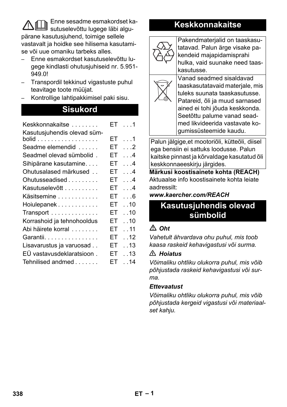 Eesti, Sisukord, Keskkonnakaitse | Kasutusjuhendis olevad sümbolid | Karcher HDS 2000 SUPER User Manual | Page 338 / 400