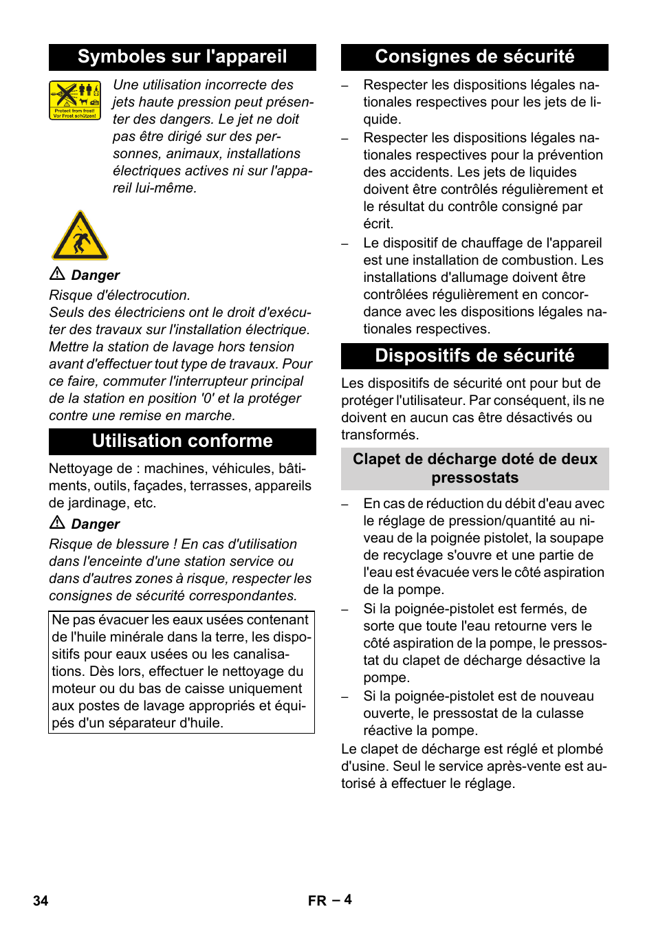 Symboles sur l'appareil, Utilisation conforme, Consignes de sécurité | Dispositifs de sécurité, Clapet de décharge doté de deux pressostats, Symboles sur l'appareil utilisation conforme, Consignes de sécurité dispositifs de sécurité | Karcher HDS 2000 SUPER User Manual | Page 34 / 400