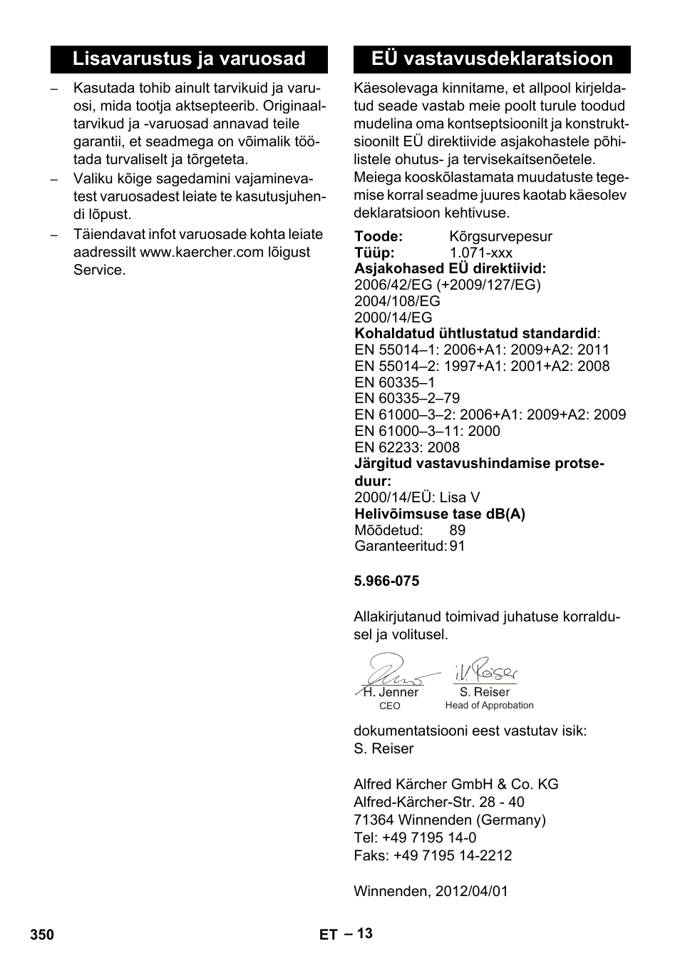 Lisavarustus ja varuosad, Eü vastavusdeklaratsioon, Lisavarustus ja varuosad eü vastavusdeklaratsioon | Karcher HDS 2000 SUPER User Manual | Page 350 / 400