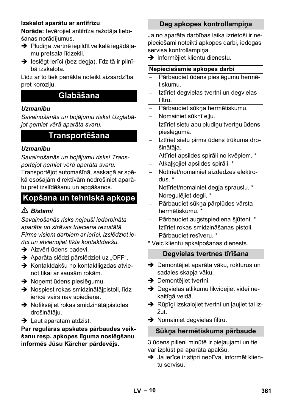 Izskalot aparātu ar antifrīzu, Glabāšana, Transportēšana | Kopšana un tehniskā apkope, Deg apkopes kontrollampiņa, Degvielas tvertnes tīrīšana, Sūkņa hermētiskuma pārbaude | Karcher HDS 2000 SUPER User Manual | Page 361 / 400