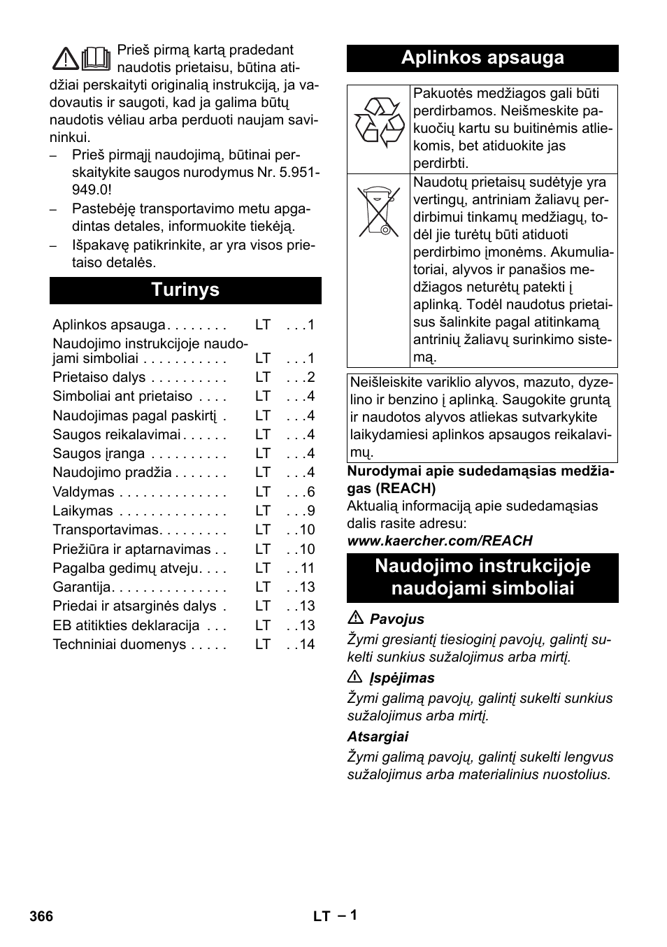 Lietuviškai, Turinys, Aplinkos apsauga | Naudojimo instrukcijoje naudojami simboliai | Karcher HDS 2000 SUPER User Manual | Page 366 / 400