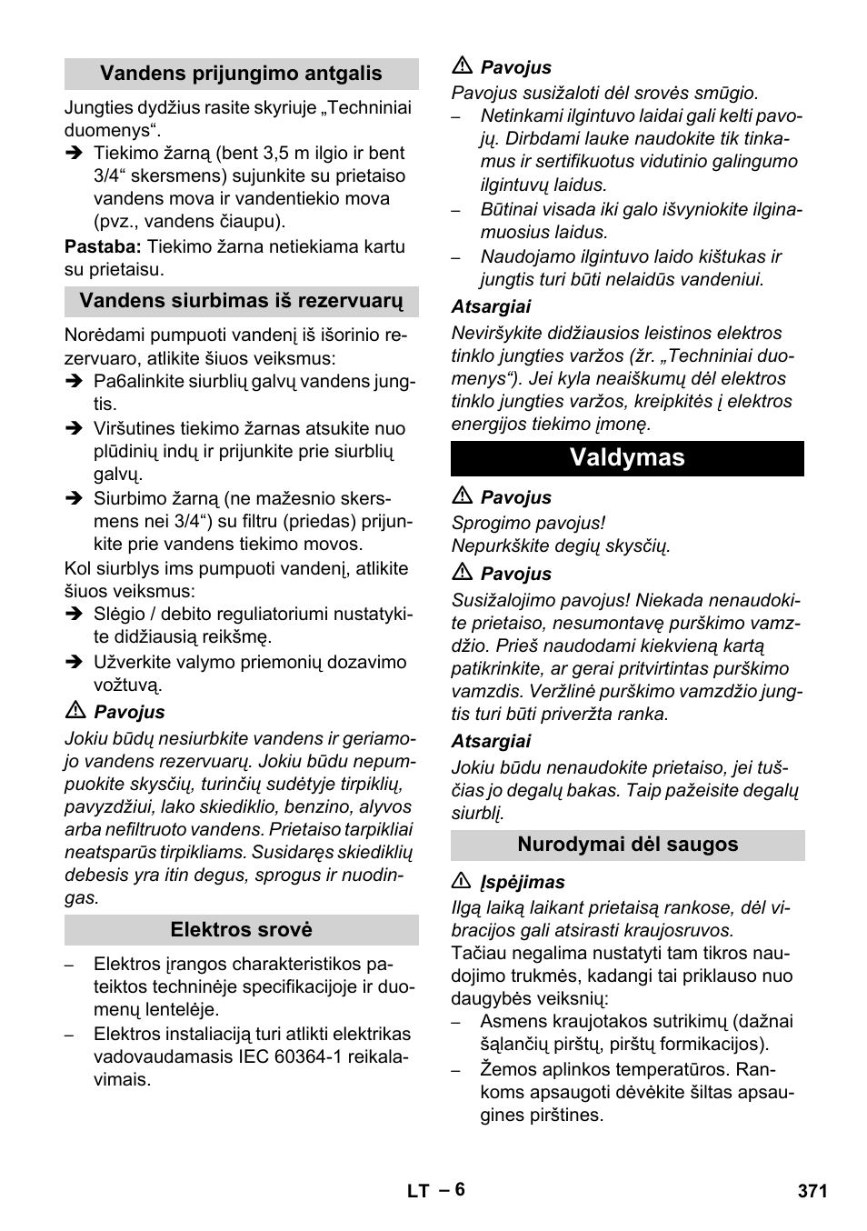 Vandens prijungimo antgalis, Vandens siurbimas iš rezervuarų, Elektros srovė | Valdymas, Nurodymai dėl saugos | Karcher HDS 2000 SUPER User Manual | Page 371 / 400