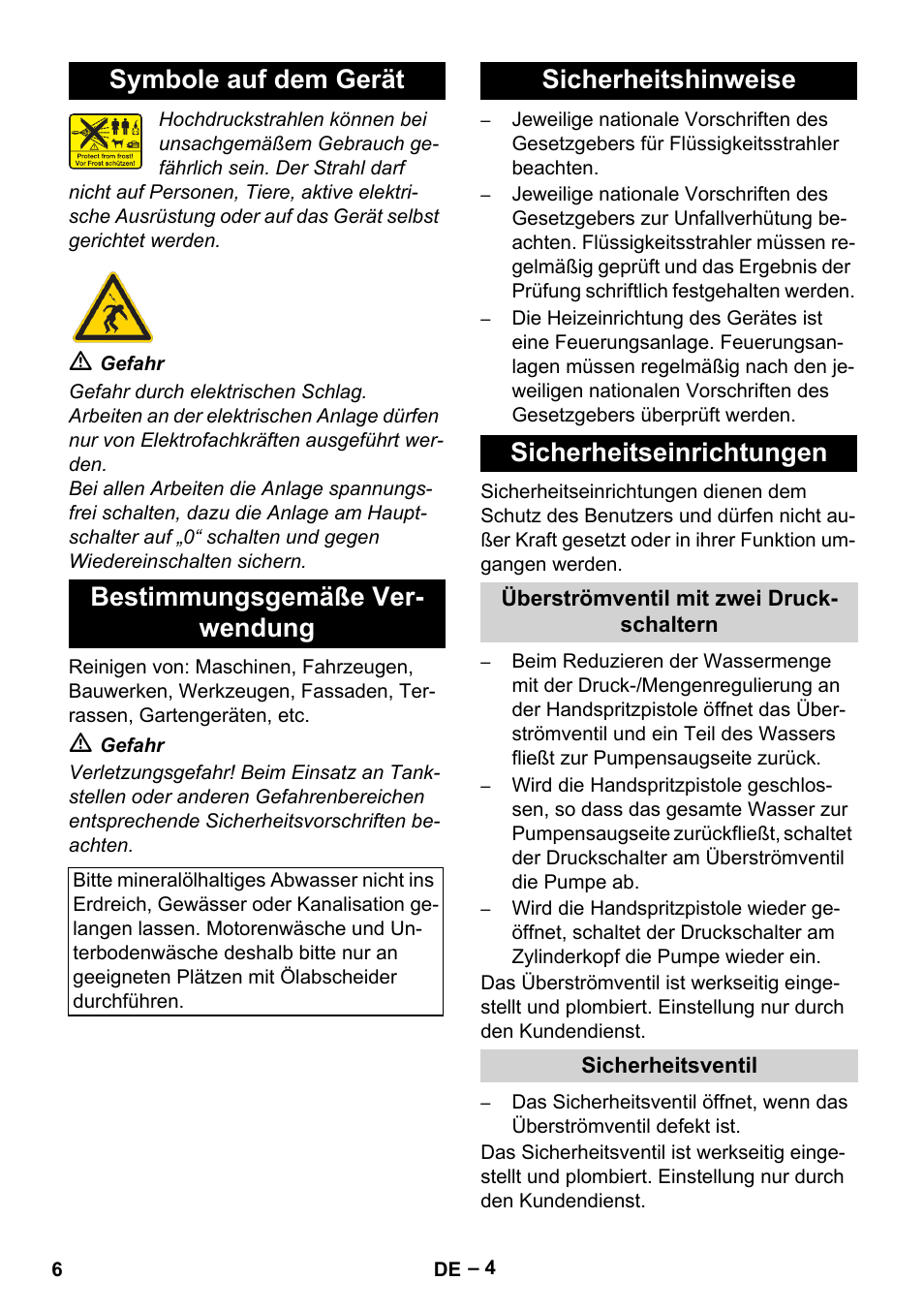 Symbole auf dem gerät, Bestimmungsgemäße verwendung, Sicherheitshinweise | Sicherheitseinrichtungen, Überströmventil mit zwei druckschaltern, Sicherheitsventil, Sicherheitshinweise sicherheitseinrichtungen | Karcher HDS 2000 SUPER User Manual | Page 6 / 400