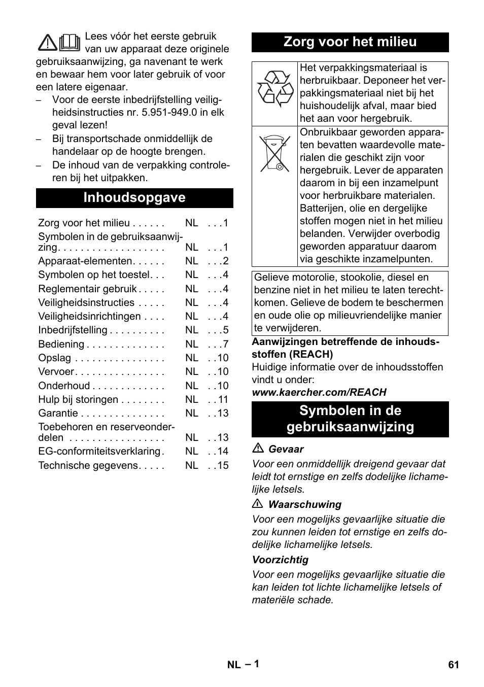 Nederlands, Inhoudsopgave, Zorg voor het milieu | Symbolen in de gebruiksaanwijzing | Karcher HDS 2000 SUPER User Manual | Page 61 / 400