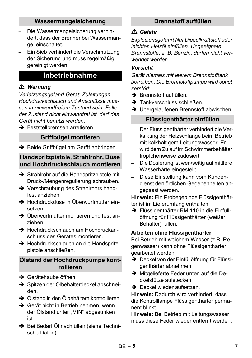 Wassermangelsicherung, Inbetriebnahme, Griffbügel montieren | Ölstand der hochdruckpumpe kontrollieren, Brennstoff auffüllen, Flüssigenthärter einfüllen, Arbeiten ohne flüssigenthärter | Karcher HDS 2000 SUPER User Manual | Page 7 / 400