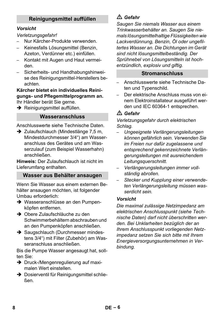 Reinigungsmittel auffüllen, Wasseranschluss, Wasser aus behälter ansaugen | Stromanschluss | Karcher HDS 2000 SUPER User Manual | Page 8 / 400