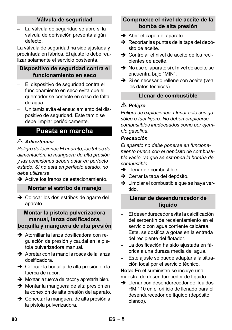 Válvula de seguridad, Puesta en marcha, Montar el estribo de manejo | Llenar de combustible, Llenar de desendurecedor de líquido | Karcher HDS 2000 SUPER User Manual | Page 80 / 400