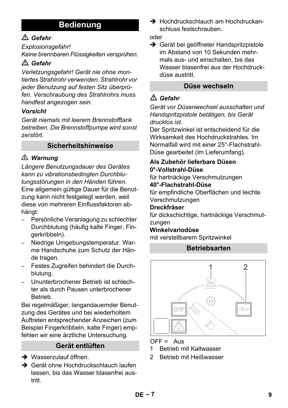 Bedienung, Sicherheitshinweise, Gerät entlüften | Düse wechseln, Als zubehör lieferbare düsen, Betriebsarten | Karcher HDS 2000 SUPER User Manual | Page 9 / 400