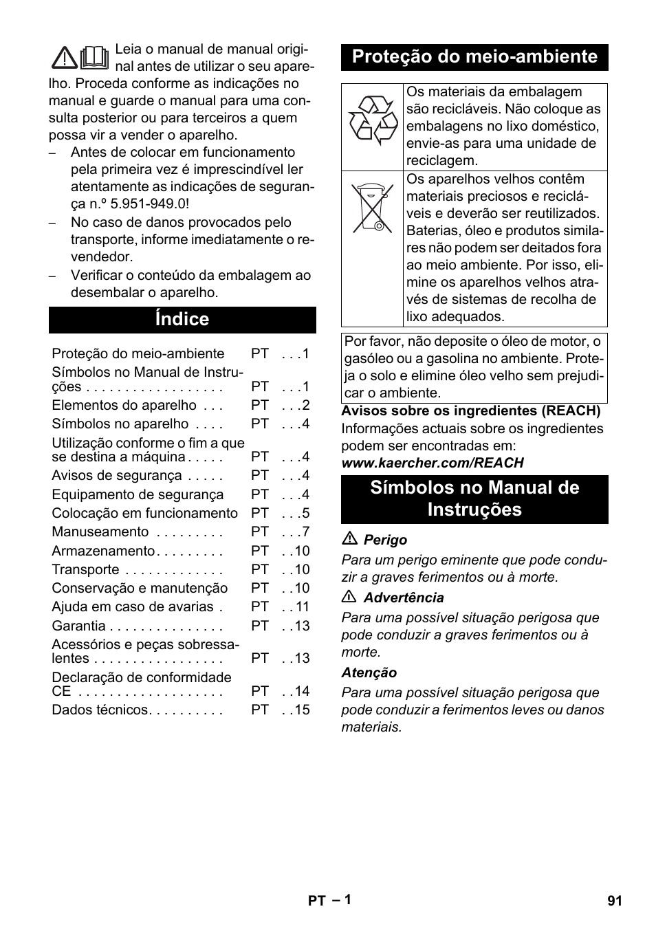 Português, Índice, Proteção do meio-ambiente | Símbolos no manual de instruções | Karcher HDS 2000 SUPER User Manual | Page 91 / 400